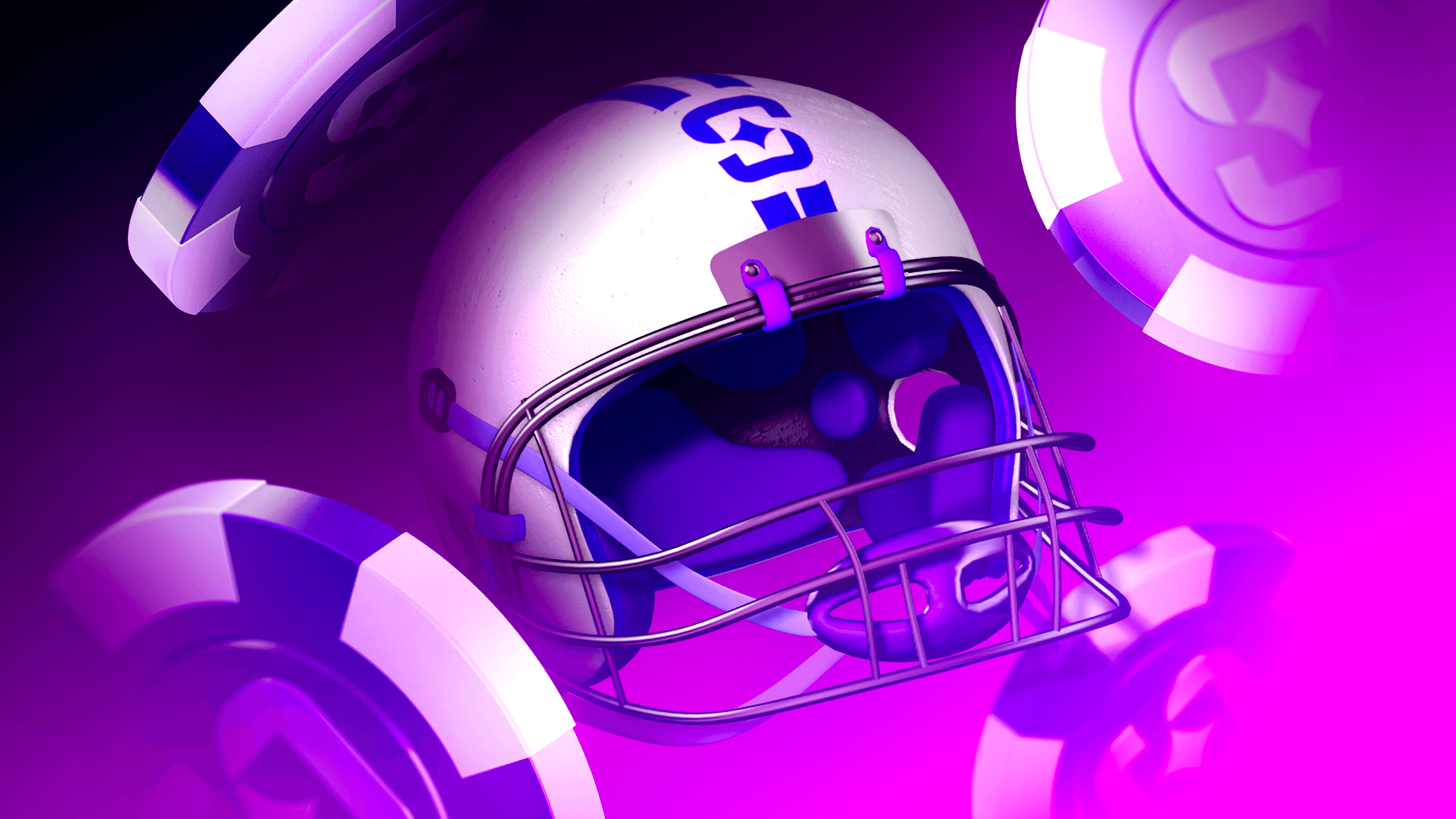 Glowing 3D American football helmet with purple casino chips on vibrant neon background. Perfect for moneyline betting guides and NFL sports betting articles.